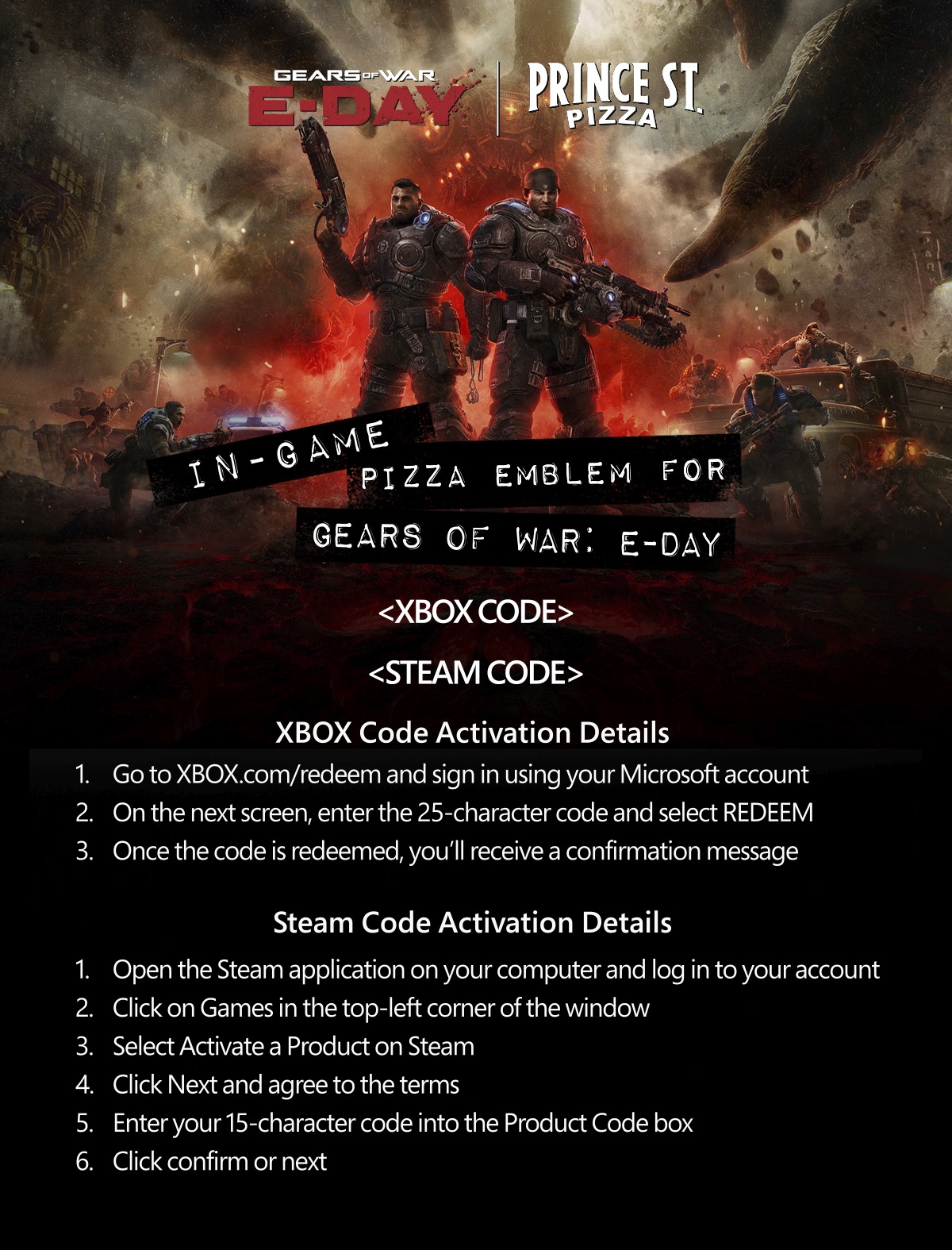 Prince St. Pizza x Gears of War promo code card