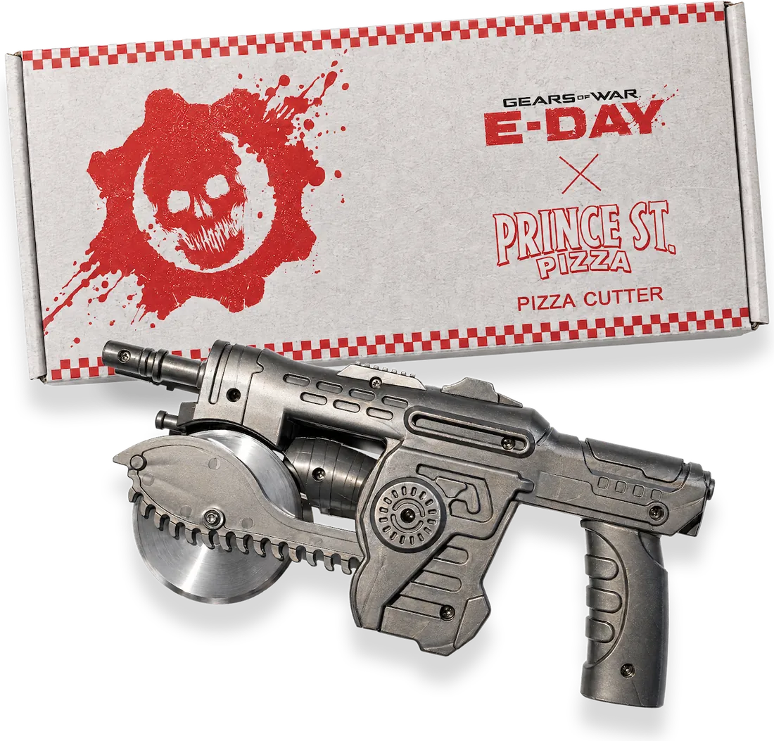 Limited-edition Gears of War Lancer pizza cutter with its box