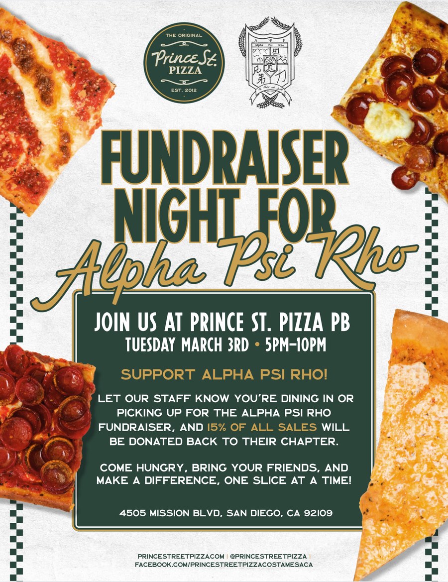 Prince St. Pizza fundraiser flyer for Alpha Psi Rho