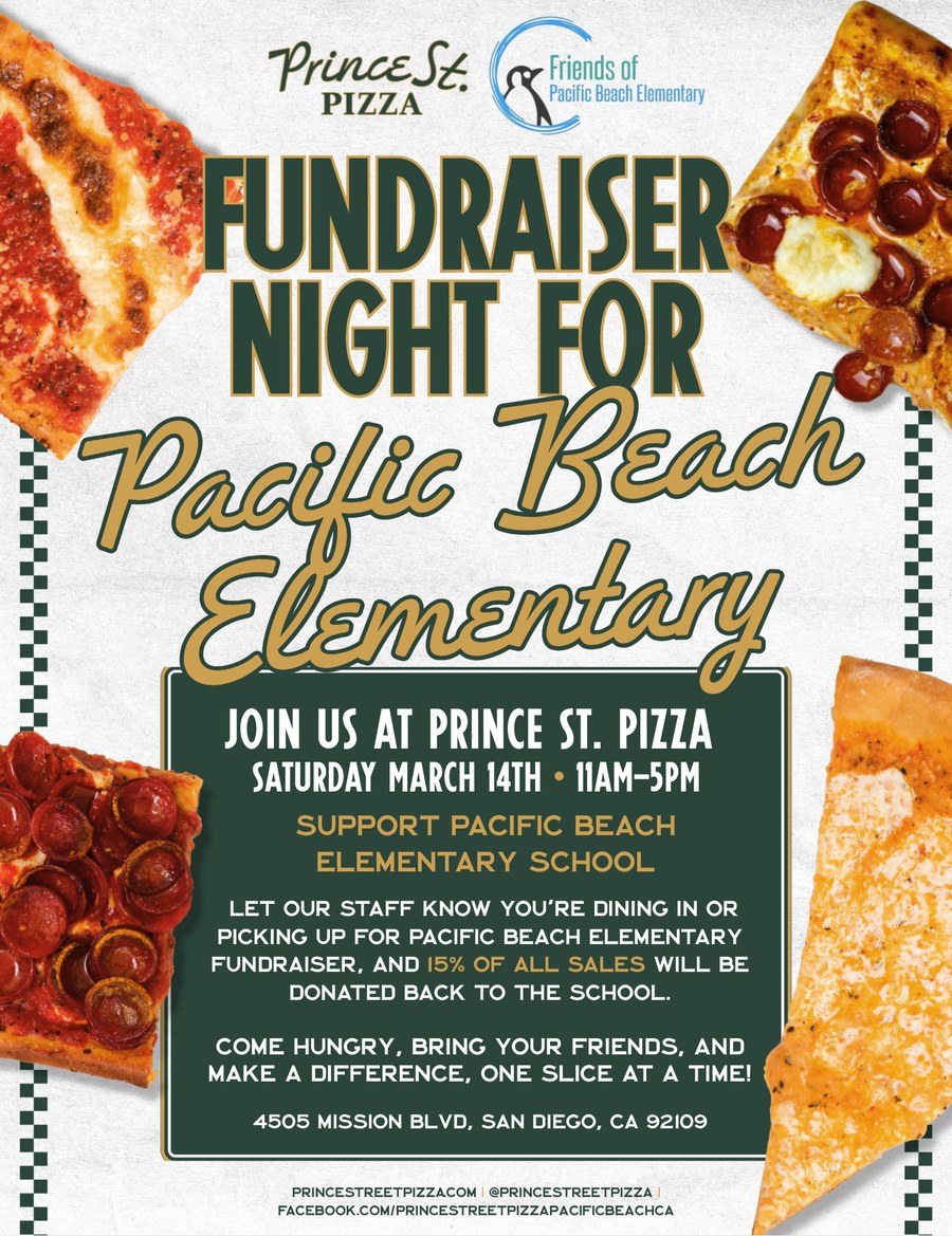 Prince St. Pizza fundraiser flyer for Pacific Beach Elementary